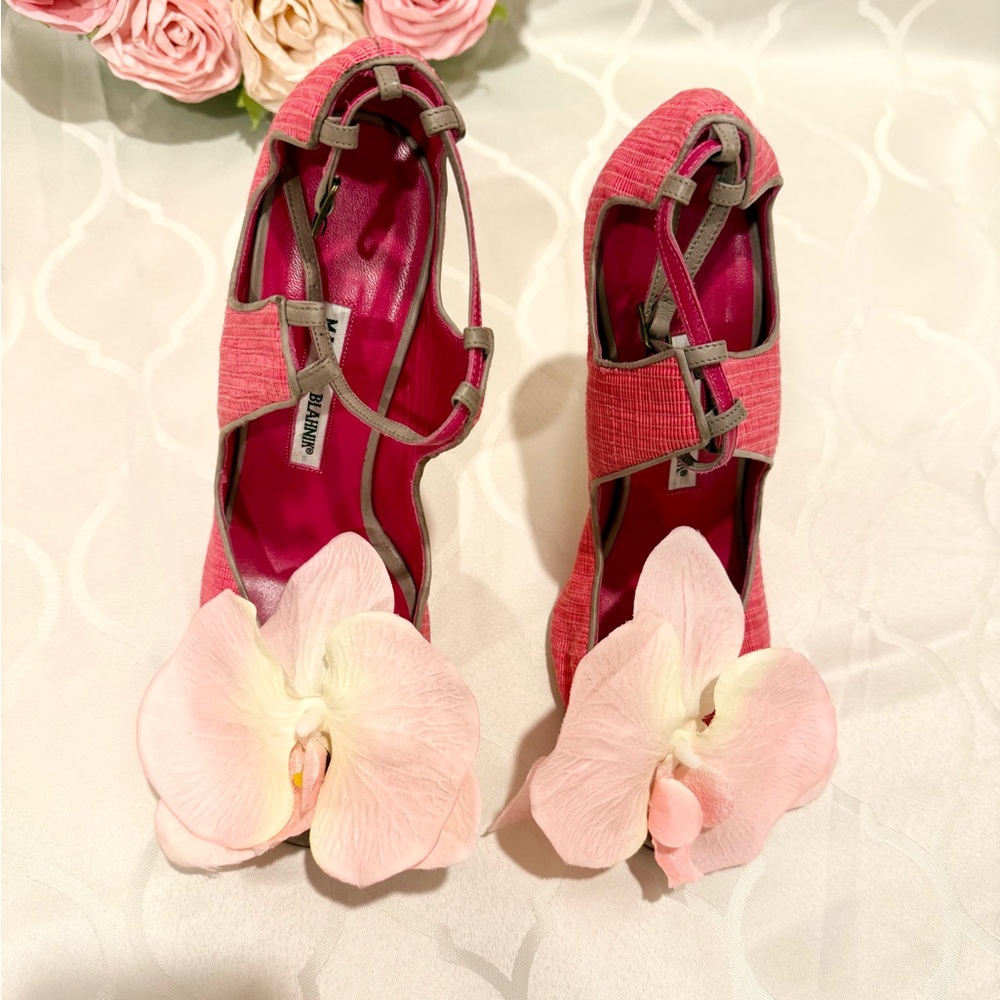 Up-cycled Manolo Blahnik Orchid heels sandals shoes 40 leather slingback straps - Picture 3 of 11